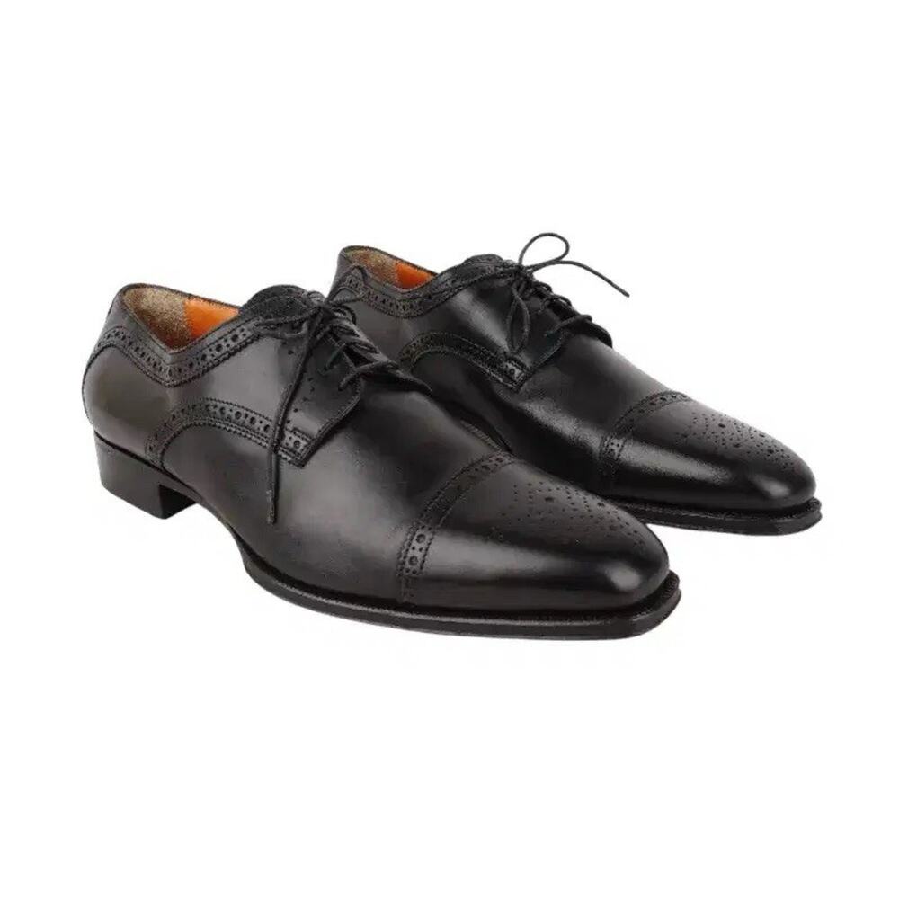 SANTONI Men’s Black Perforated Leather Cap Toe Dress Shoe Size 9.5 D